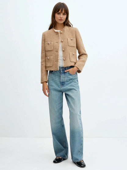 Round Neck Single-breasted Tweed Cardigan