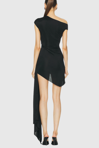 Janett One Shoulder Floral Embellished Mini Dress - Black