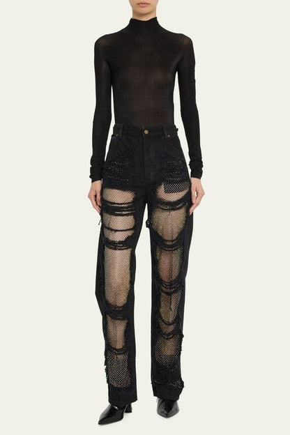 Ainsley Crystal Mesh Straight-Leg Jeans