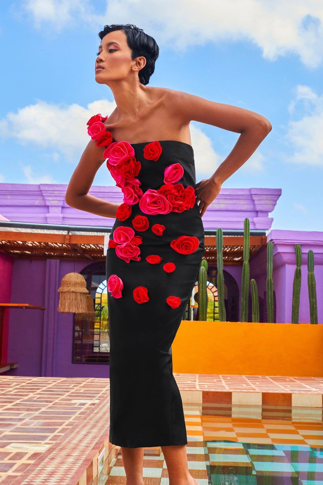 Allyson One Shoulder Floral Midi Bandage Dress