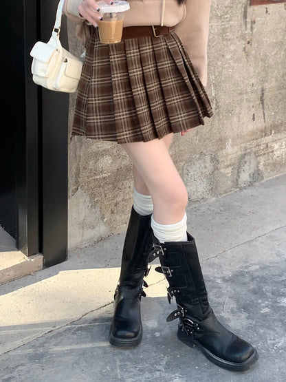 Retro Plaid Coffee Color A-line Pleated Short College Skirt
