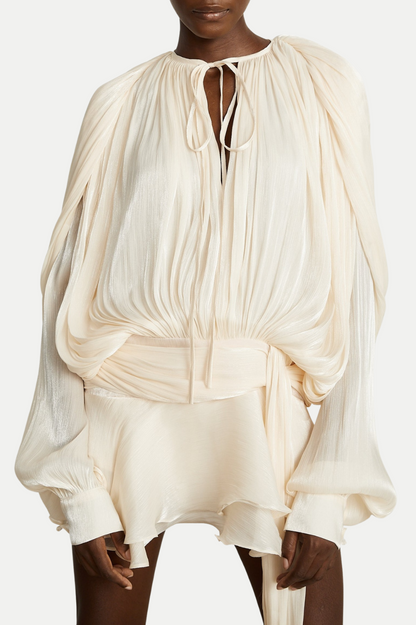 Anzay Pleated Ruffled Hem Mini Dress - Beige