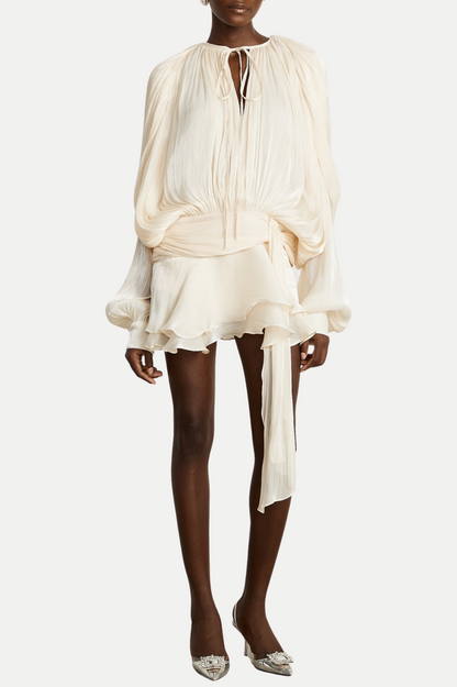 Anzay Pleated Ruffled Hem Mini Dress - Beige