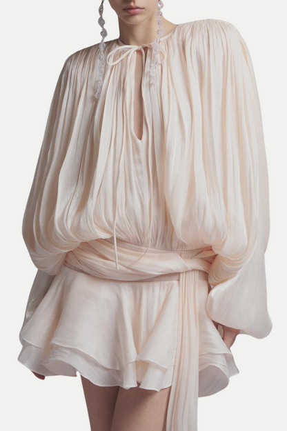 Anzay Pleated Ruffled Hem Mini Dress - Beige