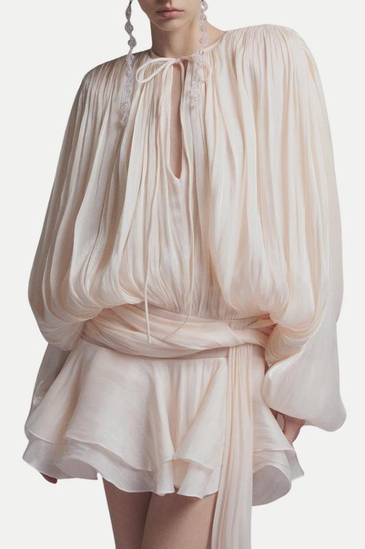 Anzay Pleated Ruffled Hem Mini Dress - Beige