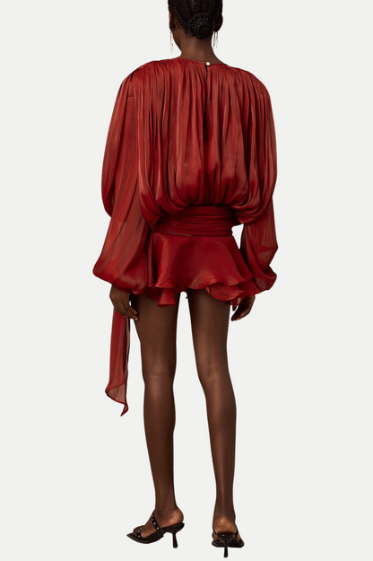 Anzay Pleated Ruffled Hem Mini Dress - Red