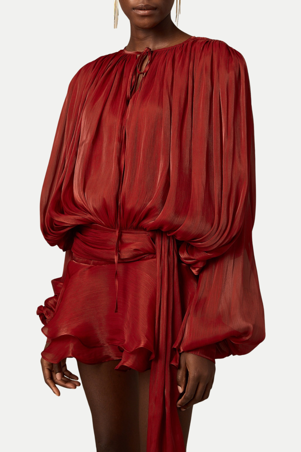 Anzay Pleated Ruffled Hem Mini Dress - Red