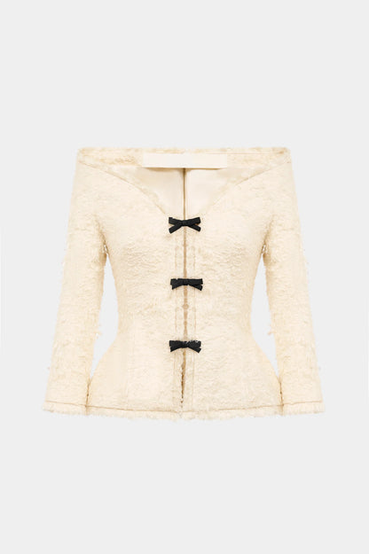 Arife Off Shoulder Bow Crystal Embellished Blazer Two Piece Set - Beige