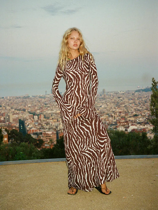 DressBetty - 2024 Spring Zebra Print Long Sleeve Flared Cuff Round Collar Floral Dress