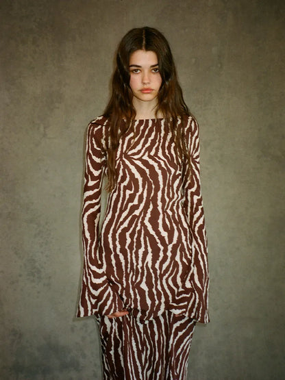 DressBetty - 2024 Spring Zebra Print Long Sleeve Flared Cuff Round Collar Floral Dress