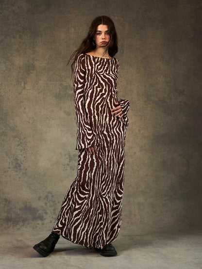 DressBetty - 2024 Spring Zebra Print Long Sleeve Flared Cuff Round Collar Floral Dress