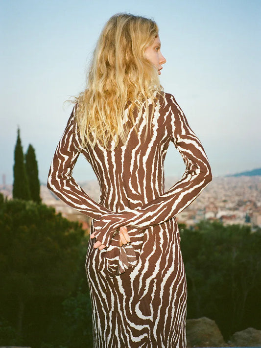 DressBetty - 2024 Spring Zebra Print Long Sleeve Flared Cuff Round Collar Floral Dress