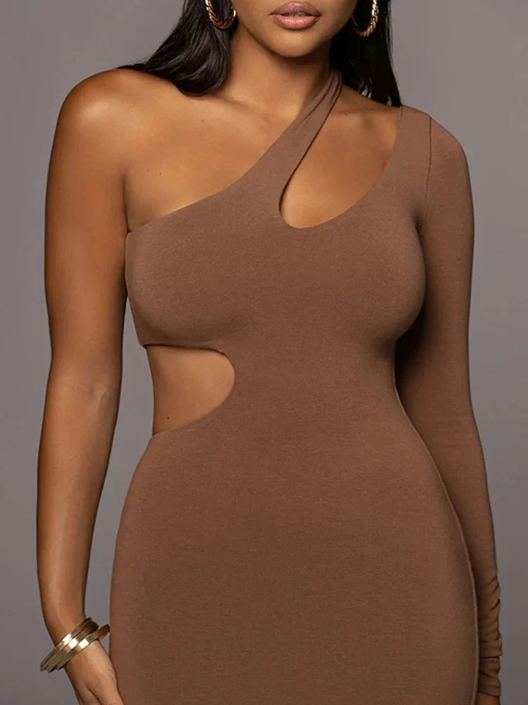 DressBetty - 2024 Solid Color One Shoulder Hollow Out Midi Dress Cut Out Dresses