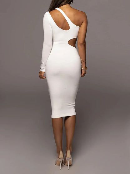 DressBetty - 2024 Solid Color One Shoulder Hollow Out Midi Dress Cut Out Dresses
