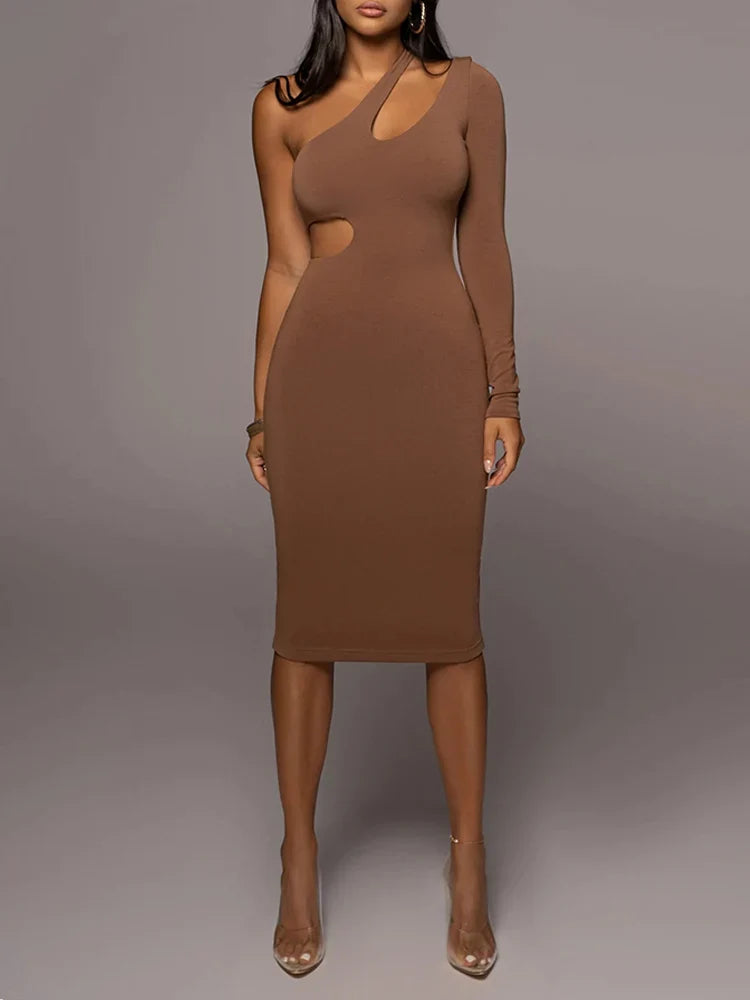 DressBetty - 2024 Solid Color One Shoulder Hollow Out Midi Dress Cut Out Dresses