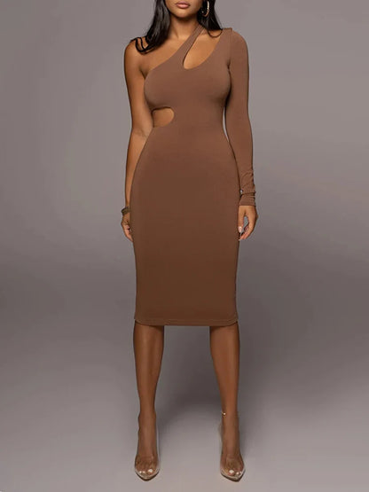 DressBetty - 2024 Solid Color One Shoulder Hollow Out Midi Dress Cut Out Dresses