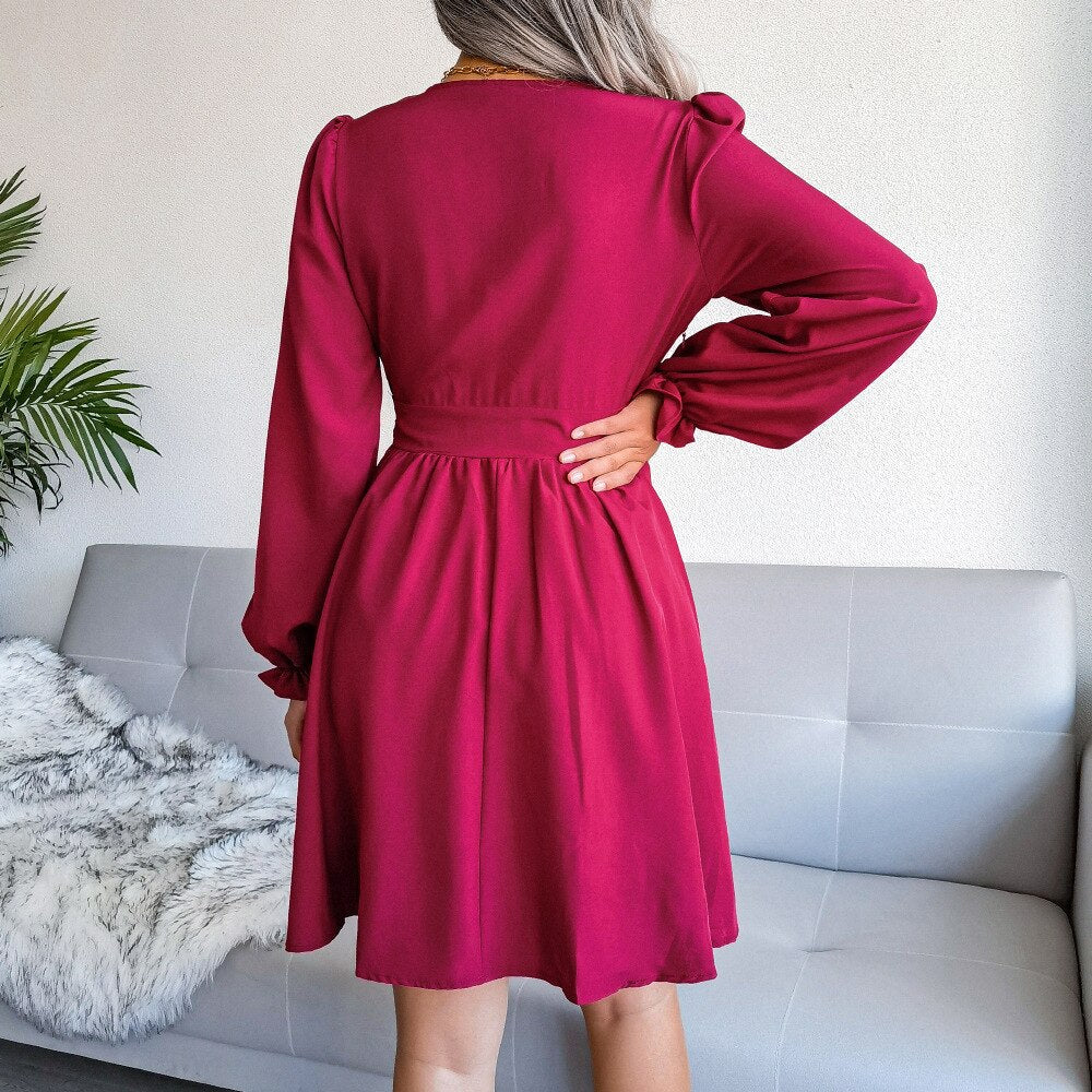 DressBetty - V-Neck Solid Colorl Chiffon Dress