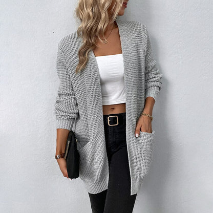 DressBetty - Solid Color Pockets Long Cardigan
