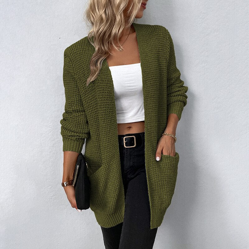 DressBetty - Solid Color Pockets Long Cardigan