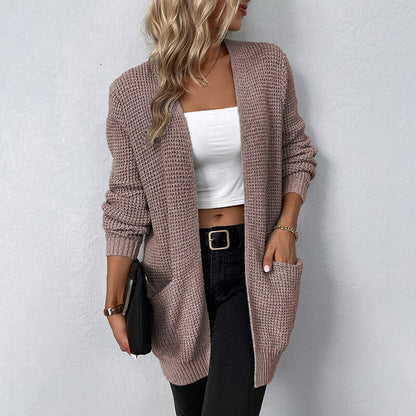 DressBetty - Solid Color Pockets Long Cardigan