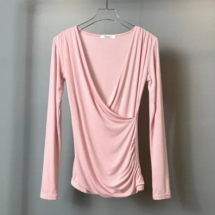 DressBetty - 2024 Solid Slim Waist V-Neck Long Sleeve Women's Tee