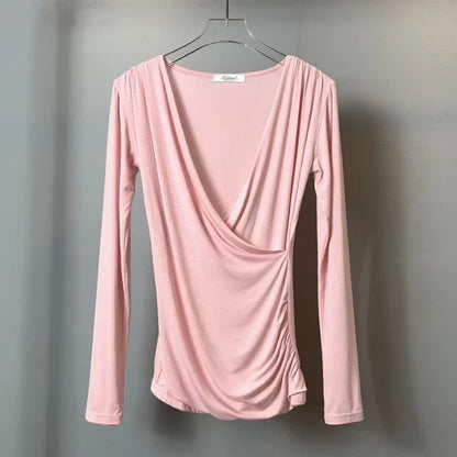 DressBetty - 2024 Solid Slim Waist V-Neck Long Sleeve Women's Tee