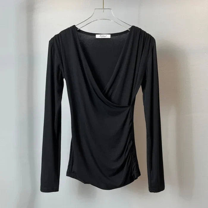 DressBetty - 2024 Solid Slim Waist V-Neck Long Sleeve Women's Tee