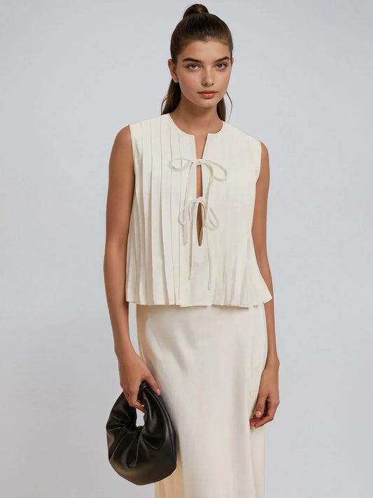 Pleated Knotted Sleeveless Blouse
