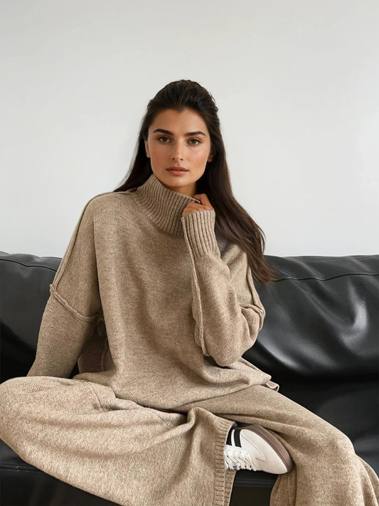 Plain Turtleneck Knit and Pants Set