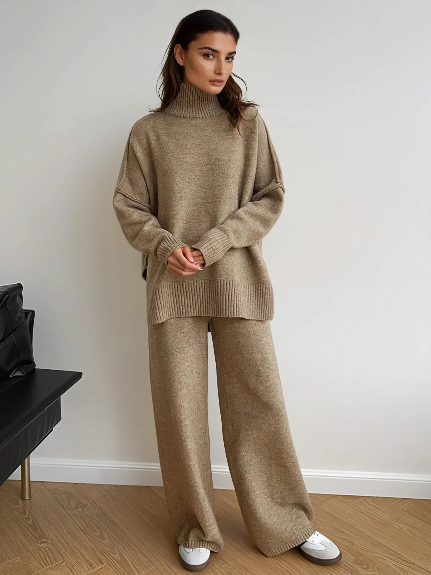 Plain Turtleneck Knit and Pants Set