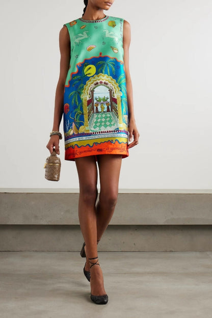 Botanical Print Satin Dress