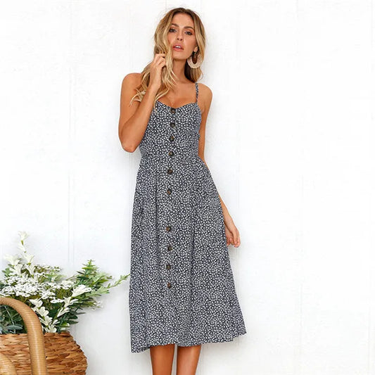 Printed Sling V-Neck Summer Midi Dress