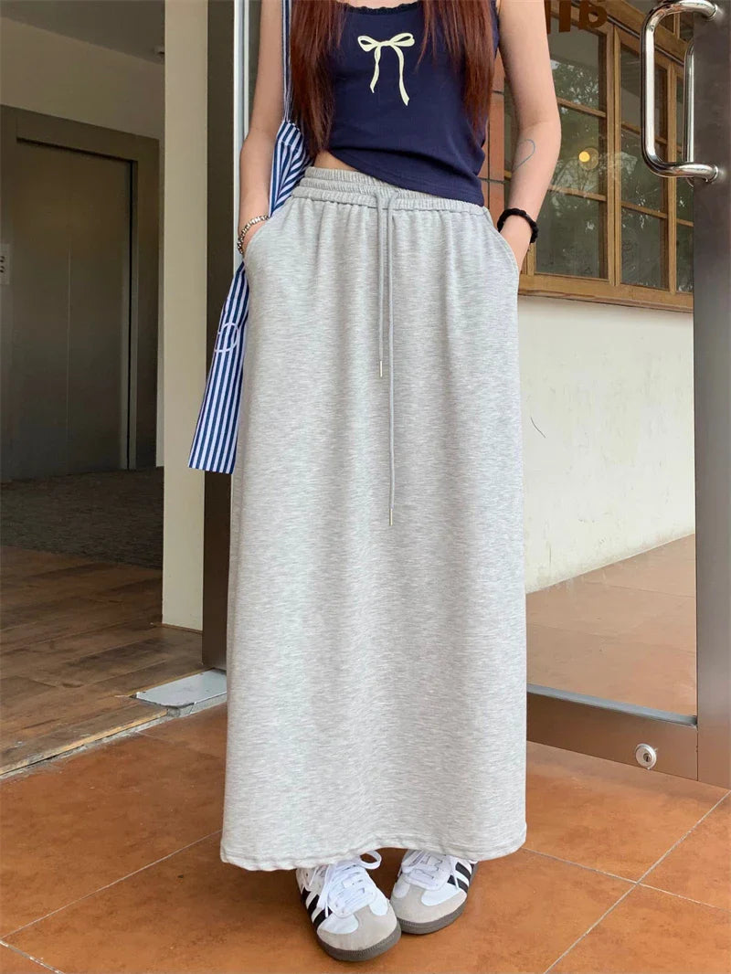 DressBetty - Solid Color Elastic Drawstring Straight Long Skirt