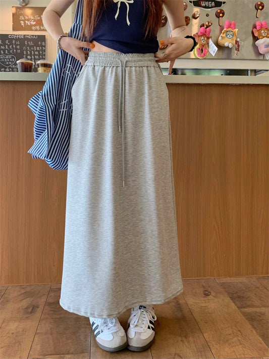 DressBetty - Solid Color Elastic Drawstring Straight Long Skirt