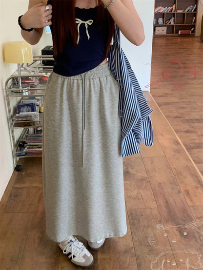 DressBetty - Solid Color Elastic Drawstring Straight Long Skirt