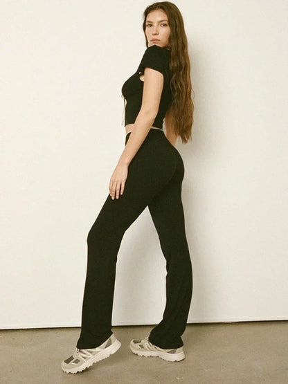 Black Flare Low Waist Slim Fit Solid Sexy Hot Sweat Winter Pants