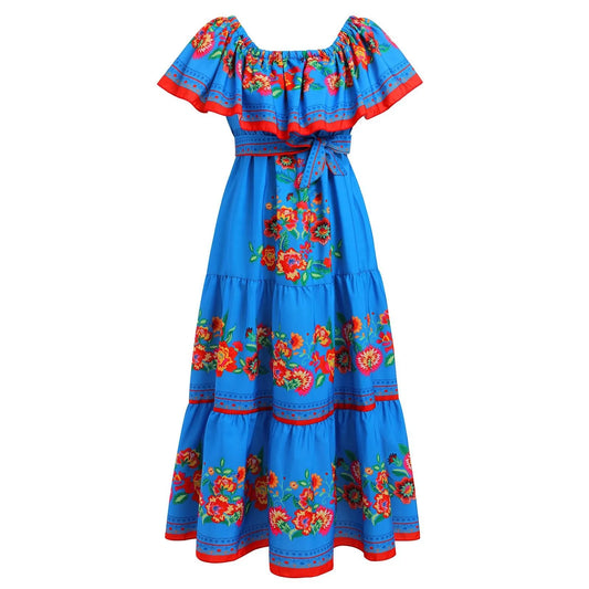 Bohemian Slash Neck Off Shoulder Flower Print Long Swing 2024 New Summer Vintage Beach Vacation Floral Dress