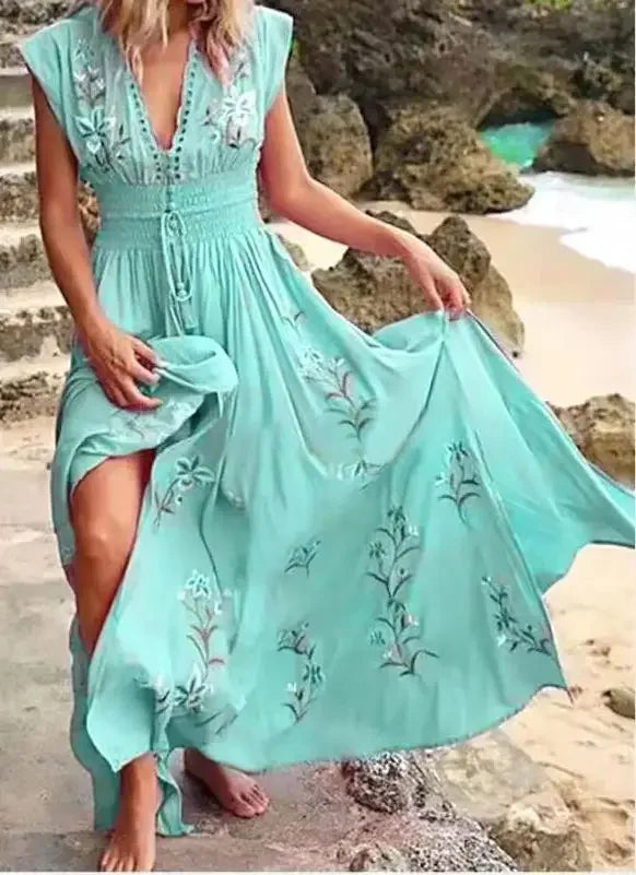 DressBetty - 2024 Elegant Boho Floral Print Long Dress V Neck Boho Dress