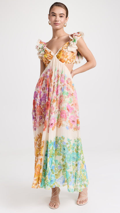 Maya | Boho Blossom Ruffle Midi Dress