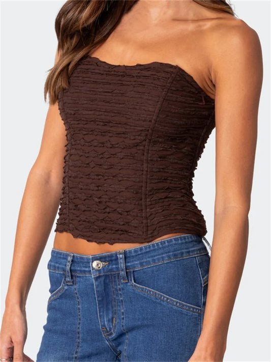 Sexy Summer Ruched Tube Strapless Off Shoulder Backless Bustiers__orsets__arty Club Solid Mini Vest 2024 Crop Top