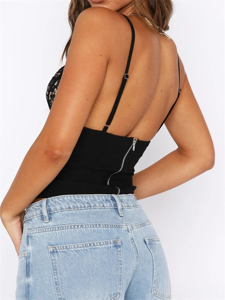 Y2K Lace Patchwork Strap Bustiers__orsets__leeveless Deep V-neck Vests Streetwear Crop Top