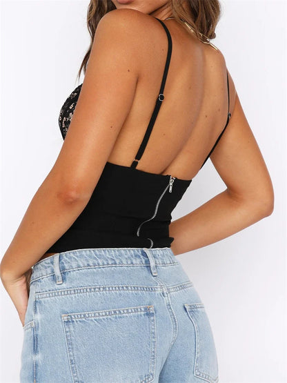 Y2K Lace Patchwork Strap Bustiers__orsets__leeveless Deep V-neck Vests Streetwear Crop Top