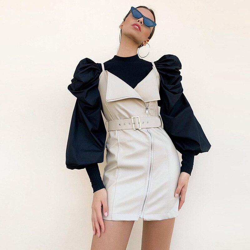 DressBetty - Puff Sleeve Patchwork Slim Top