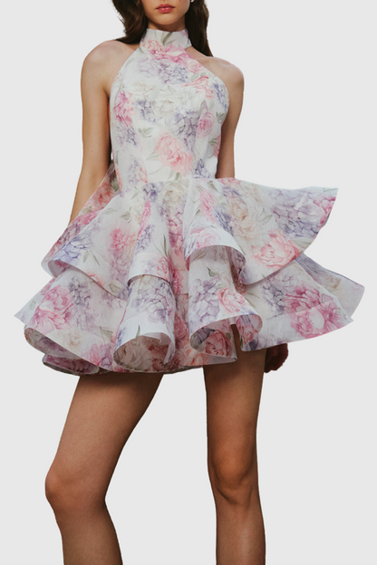 Earna Floral Print Halter Mini Dress