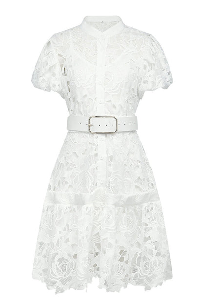 Calista Lace-embroidered Belted Mini Dress