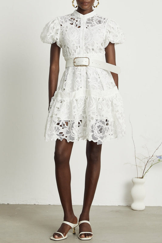 Calista Lace-embroidered Belted Mini Dress