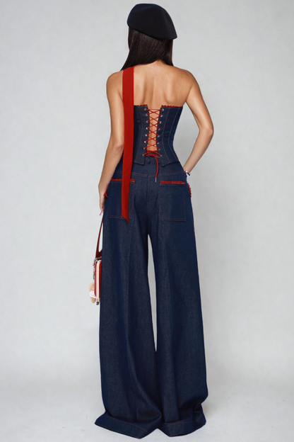 Kyra Strapless Lace Up Denim Set
