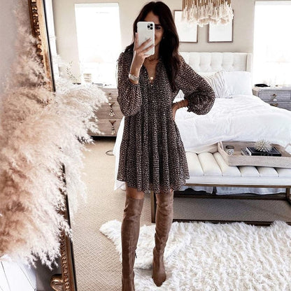 DressBetty - Casual V-neck Long Sleeve Button Mini Dress