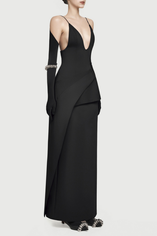 Chapera Asymmetrical Pleat Maxi Dress - Black