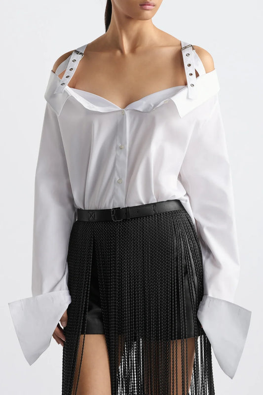 Charlize Off Shoulder Buckle Shirt - White